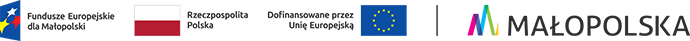 Zestawienie logotypów zawierajce od lewej: znak Funduszy Europejskich z podpisem Fundusze Europejskie dla Maopolski, flaga Rzeczpospolitej Polskiej z podpisem Rzeczpospolita Polska, flaga Unii Europejskiej z podpisem Dofinansowane przez Uni Europejsk oraz znak Województwa Maopolskiego z podpisem Maopolska